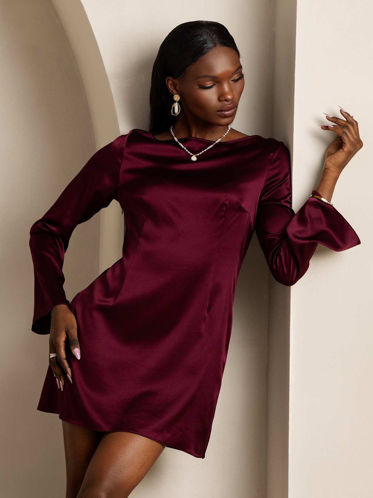 [Rosso Scuro] SilkSilky-IT Long Sleeve Boat Neck Vestiti da donna 001