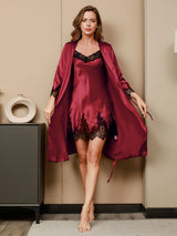 [Rosso Scuro] SilkSilky-IT 3/4 Sleeve V Neck Set camicia e vestaglia 001