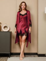 [Rosso Scuro] SilkSilky-IT 3/4 Sleeve V Neck Set camicia e vestaglia 005