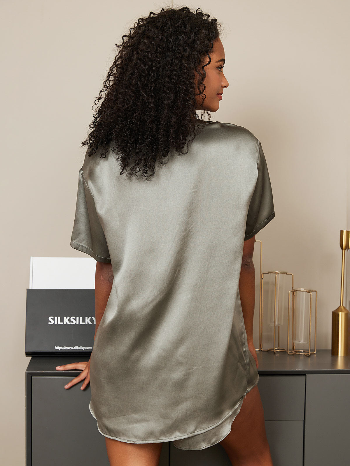 [Verde Grigiastro] SilkSilky-IT Short Sleeve Round Neck Pigiami da donna 002