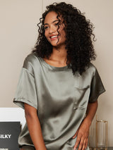 [Verde Grigiastro] SilkSilky-IT Short Sleeve Round Neck Pigiami da donna 003