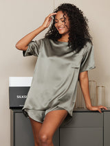 [Verde Grigiastro] SilkSilky-IT Short Sleeve Round Neck Pigiami da donna 004