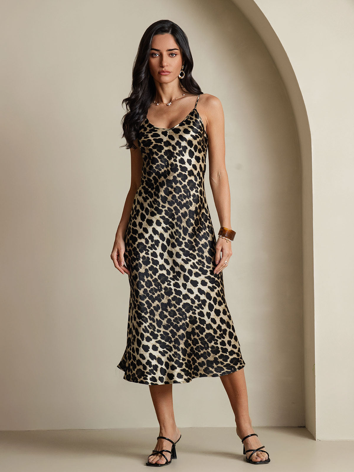 [Leopardo] SilkSilky-IT Sleeveless V Neck Vestiti da donna 001