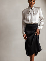 [Grigio Chiaro] SilkSilky-IT Long Sleeve Tie Neck Bluse 001