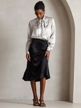 [Grigio Chiaro] SilkSilky-IT Long Sleeve Tie Neck Bluse 007
