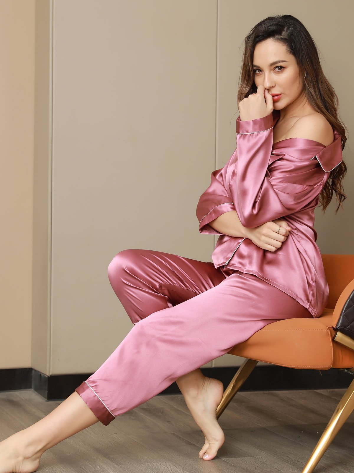 [Malva Pallido] SilkSilky-IT Manica lunga Collo a Taglio Pigiami da donna 007