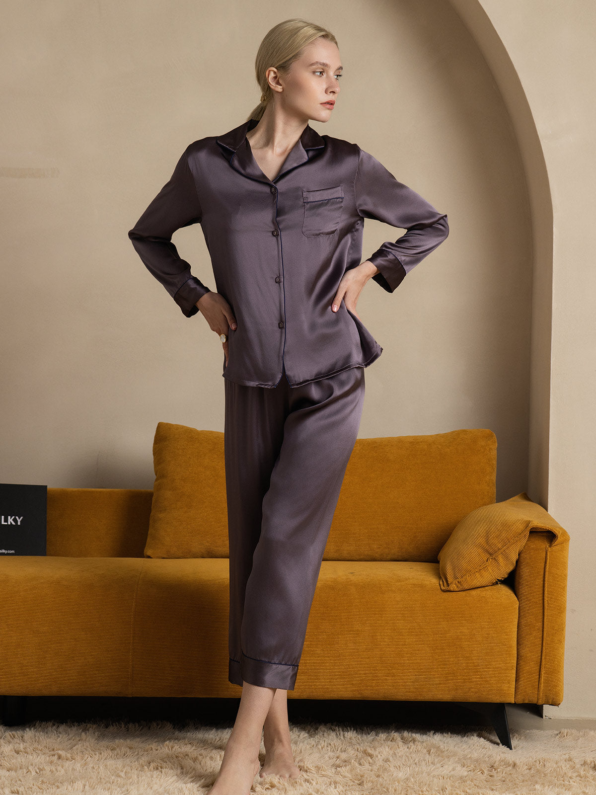 [Grigio Porpora] SilkSilky-IT Manica lunga Collo a Taglio Pigiami da donna 001