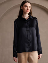 [Nero] SilkSilky-IT 19Momme Manica lunga Colletto con Revers Camicie da donna 001