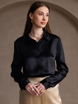 [Nero] SilkSilky-IT 19Momme Manica lunga Colletto con Revers Camicie da donna 002