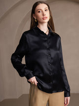 [Nero] SilkSilky-IT 19Momme Manica lunga Colletto con Revers Camicie da donna 003