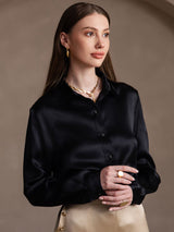 [Nero] SilkSilky-IT 19Momme Manica lunga Colletto con Revers Camicie da donna 004