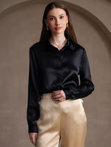 [Nero] SilkSilky-IT 19Momme Manica lunga Colletto con Revers Camicie da donna 005