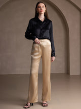 [Nero] SilkSilky-IT 19Momme Manica lunga Colletto con Revers Camicie da donna 006