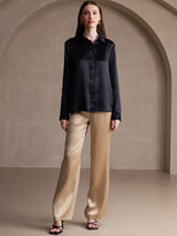 [Nero] SilkSilky-IT 19Momme Manica lunga Colletto con Revers Camicie da donna 007
