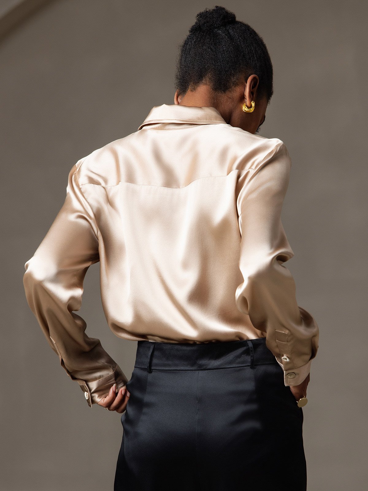 [Champagne] SilkSilky-IT Long Sleeve Lapel Collar Camicie da donna 002