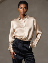 [Champagne] SilkSilky-IT 19Momme Manica lunga Colletto con Revers Camicie da donna 006