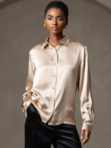 [Champagne] SilkSilky-IT 19Momme Manica lunga Colletto con Revers Camicie da donna 007
