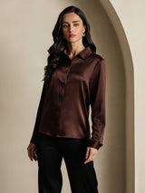 [Caffè] SilkSilky-IT 19Momme Manica lunga Colletto con Revers Camicie da donna 003