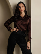 [Caffè] SilkSilky-IT 19Momme Manica lunga Colletto con Revers Camicie da donna 005