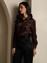 [Caffè] SilkSilky-IT 19Momme Manica lunga Colletto con Revers Camicie da donna 006