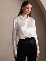 [Bianco] SilkSilky-IT 19Momme Manica lunga Colletto con Revers Camicie da donna 001