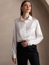 [Bianco] SilkSilky-IT 19Momme Manica lunga Colletto con Revers Camicie da donna 005