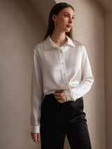 [Bianco] SilkSilky-IT 19Momme Manica lunga Colletto con Revers Camicie da donna 006