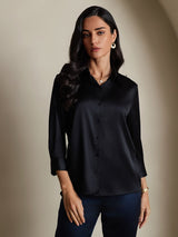 [Nero] SilkSilky-IT 3/4 Sleeve Lapel Collar Camicie da donna 001