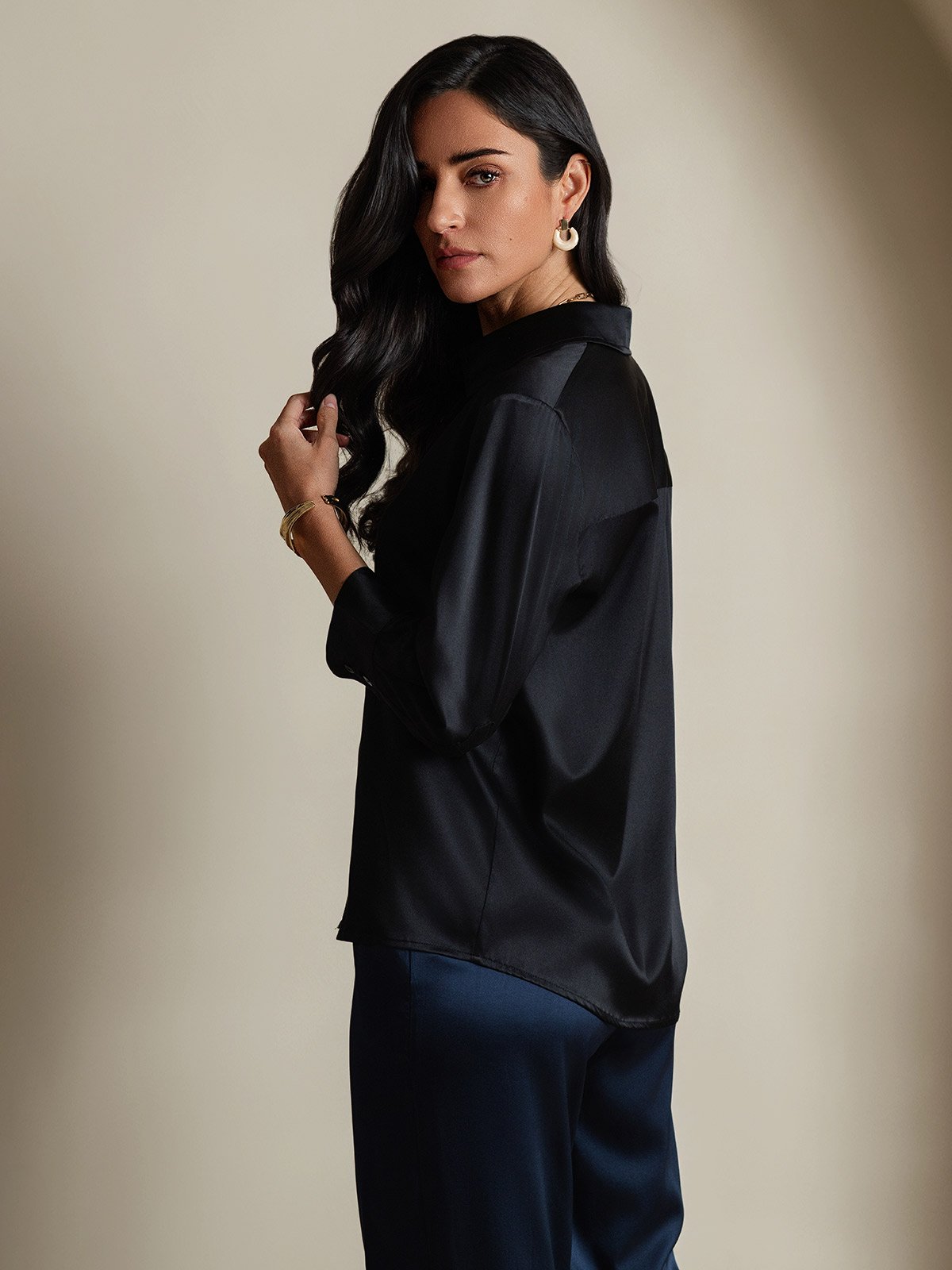 [Nero] SilkSilky-IT 19Momme Seta Manica lunga Womens Shirt 002