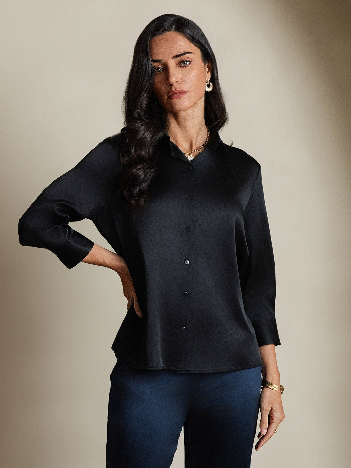 [Nero] SilkSilky-IT 19Momme Seta Manica lunga Womens Shirt 004