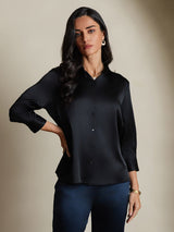 [Nero] SilkSilky-IT 3/4 Sleeve Lapel Collar Camicie da donna 004