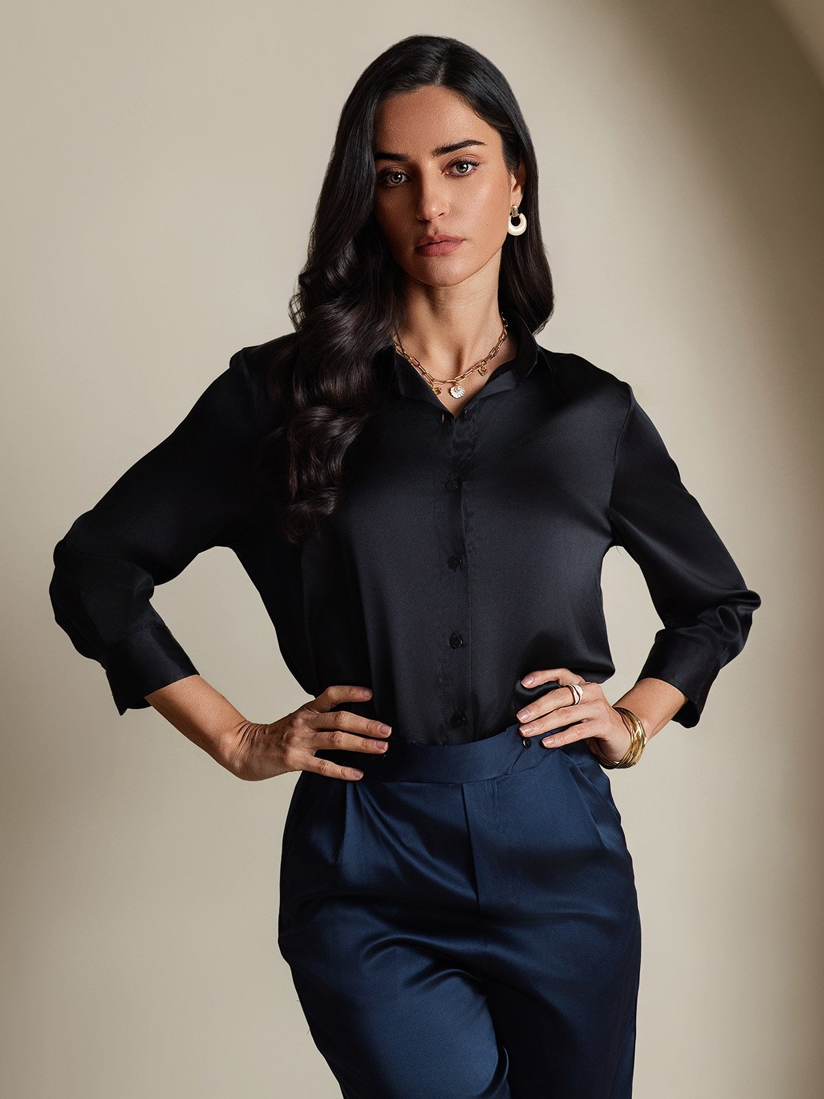 [Nero] SilkSilky-IT 19Momme Seta Manica lunga Womens Shirt 005