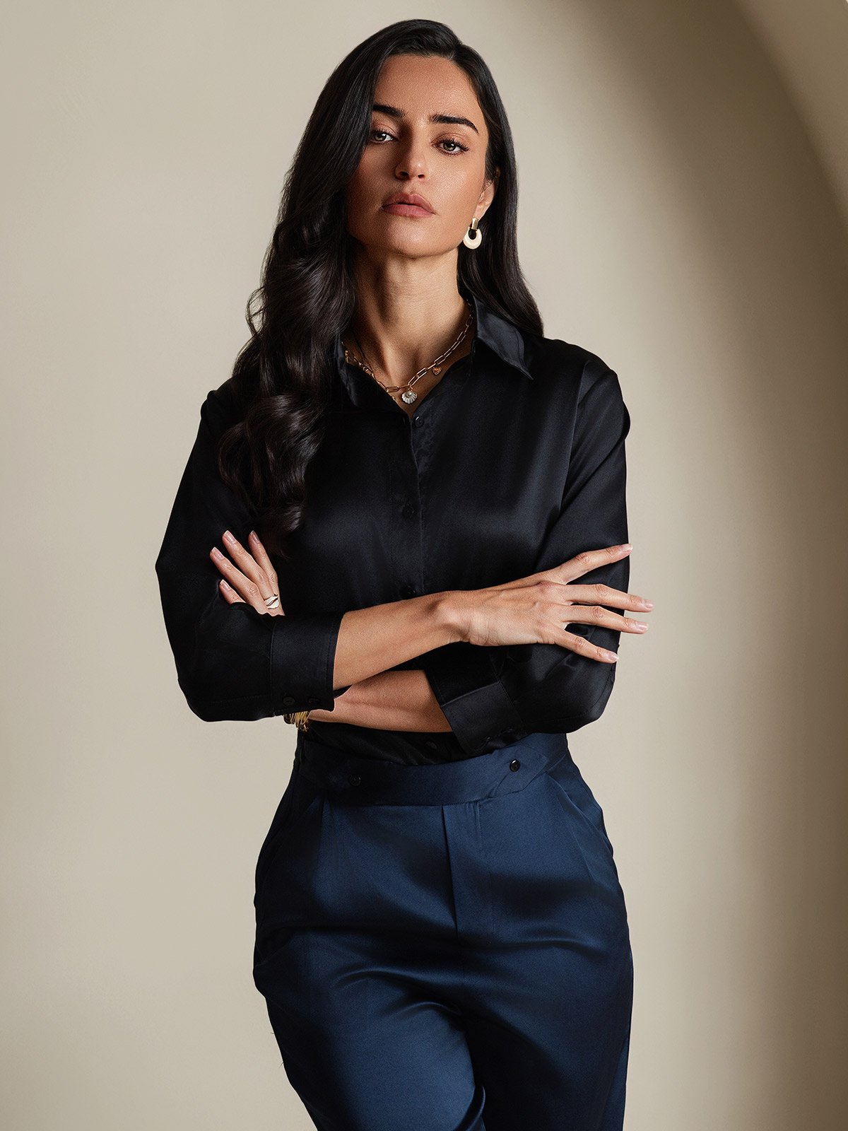 [Nero] SilkSilky-IT 19Momme Seta Manica lunga Womens Shirt 006