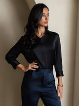[Nero] SilkSilky-IT 3/4 Sleeve Lapel Collar Camicie da donna 007