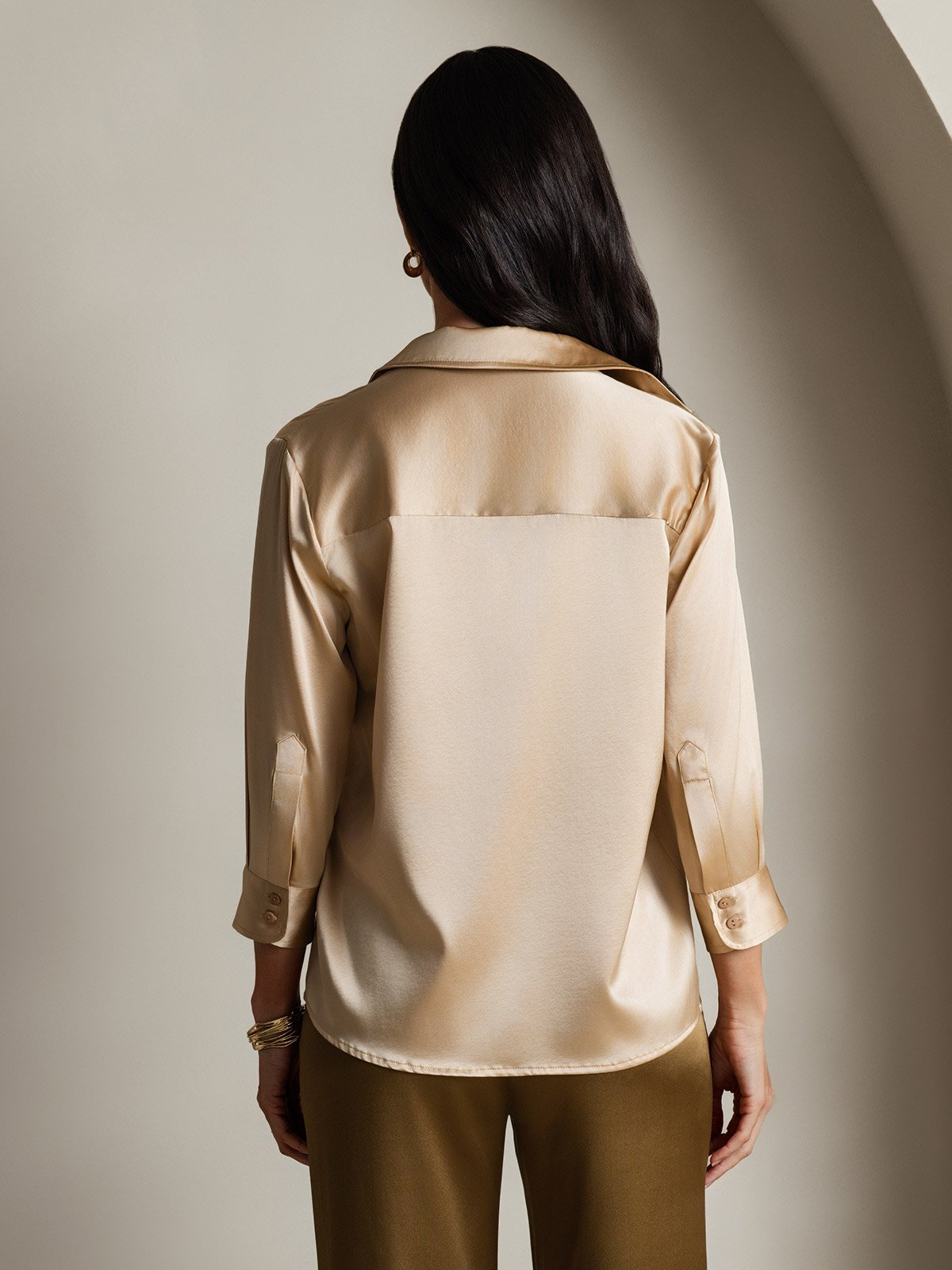 [Champagne] SilkSilky-IT 19Momme Seta Manica lunga Womens Shirt 002