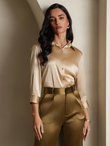 [Champagne] SilkSilky-IT 3/4 Sleeve Lapel Collar Camicie da donna 005
