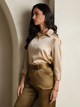 [Champagne] SilkSilky-IT 3/4 Sleeve Lapel Collar Camicie da donna 006