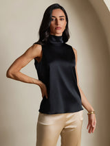 [Nero] SilkSilky-IT 19Momme Senza maniche Collo con fiocco Camicette 006