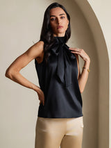 [Nero] SilkSilky-IT 19Momme Senza maniche Collo con fiocco Camicette 007