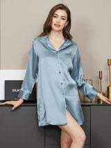 [Blu Acciaio] SilkSilky-IT Manica lunga Collo a Taglio Camicia da notte 001