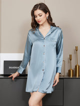 [Blu Acciaio] SilkSilky-IT Manica lunga Collo a Taglio Camicia da notte 002
