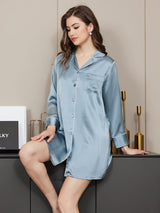 [Blu Acciaio] SilkSilky-IT Manica lunga Collo a Taglio Camicia da notte 004