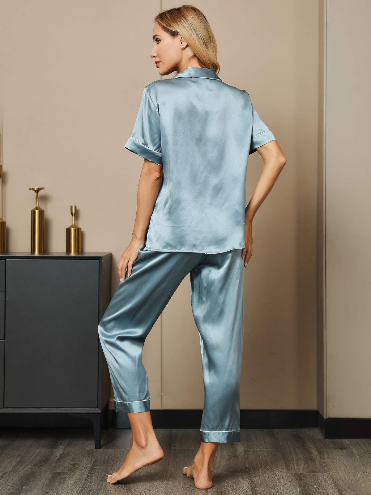 [Blu Acciaio] SilkSilky-IT Maniche Corte Collo a Taglio Pigiami da donna 002