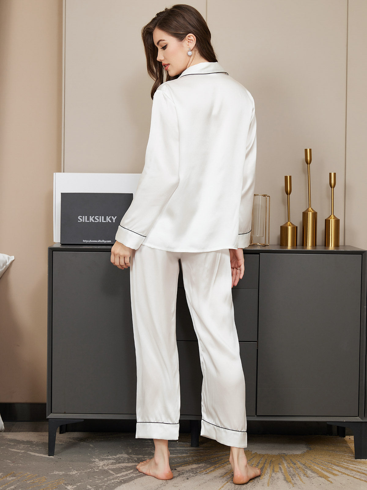 [Bianco] SilkSilky-IT Manica lunga Collo a Taglio Pigiami da donna 002