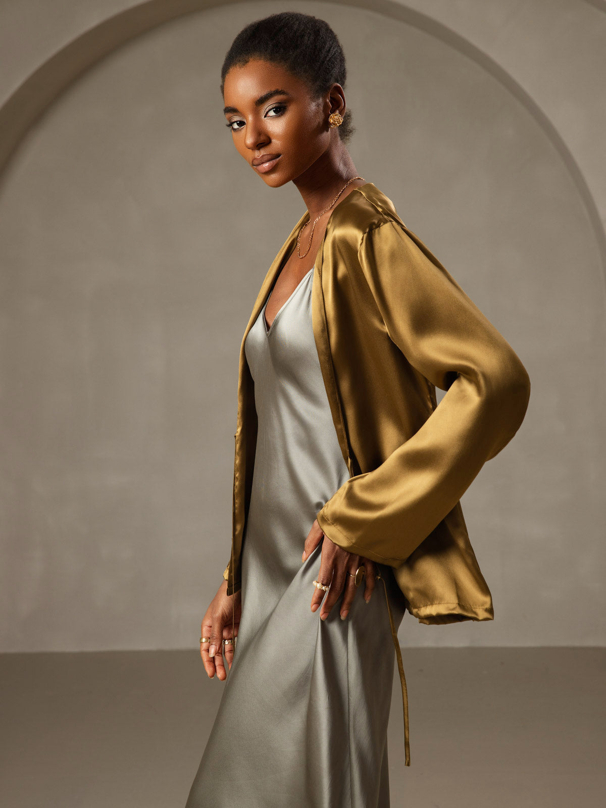 [Verde Grigiastro] SilkSilky-IT Seta pura Dress 006,