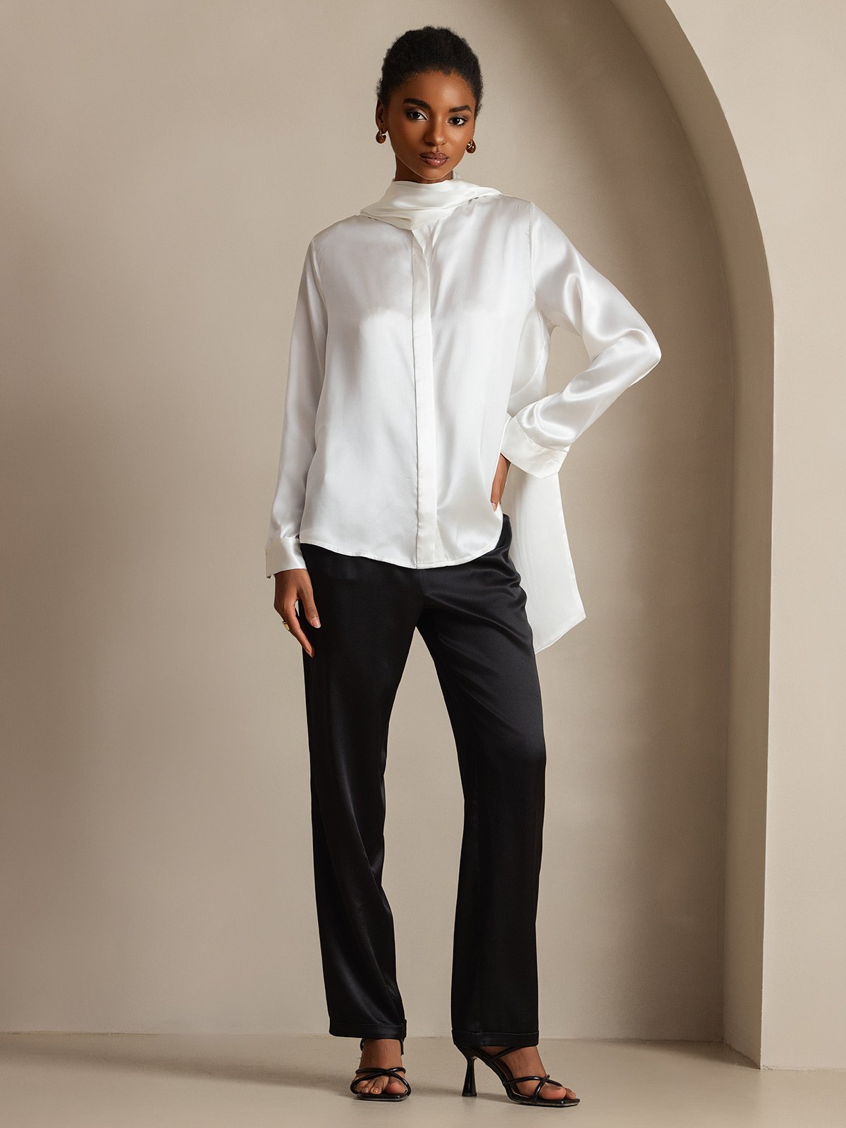 [Bianco] SilkSilky-IT 19Momme Seta Manica lunga Blouse 006