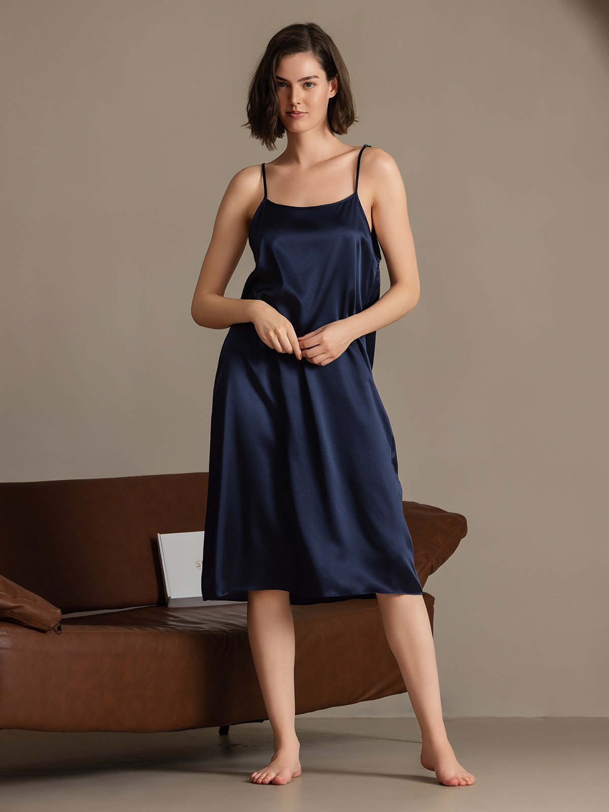 [Blu Scuro] SilkSilky-IT 19Momme Seta Senza maniche Dress 006