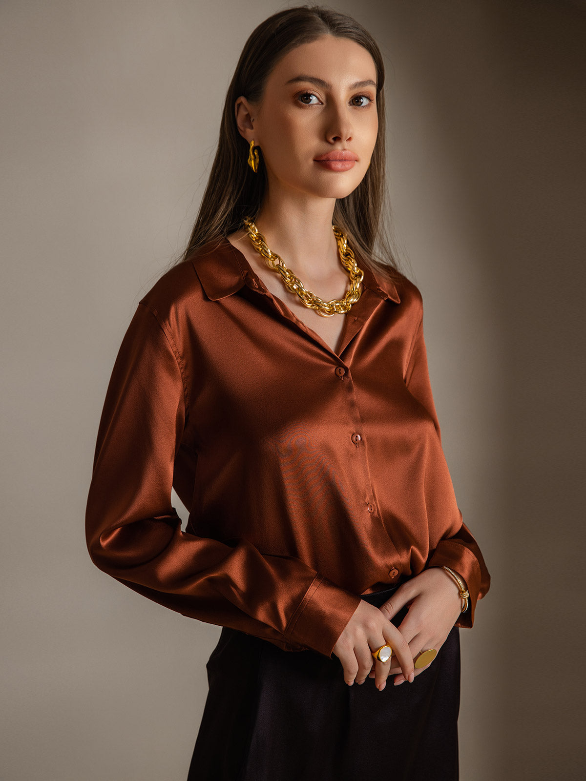[Caffè] SilkSilky-IT Seta Colletto risvolto Camicie da donna 003