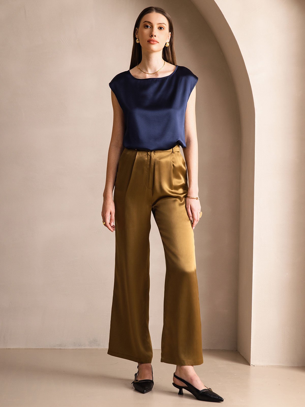 [Blu Scuro] SilkSilky-IT 19Momme Seta Womens T-Shirt 004