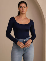 [Blu Scuro] SilkSilky-IT Long Sleeve Collo a U Magliette donna 003